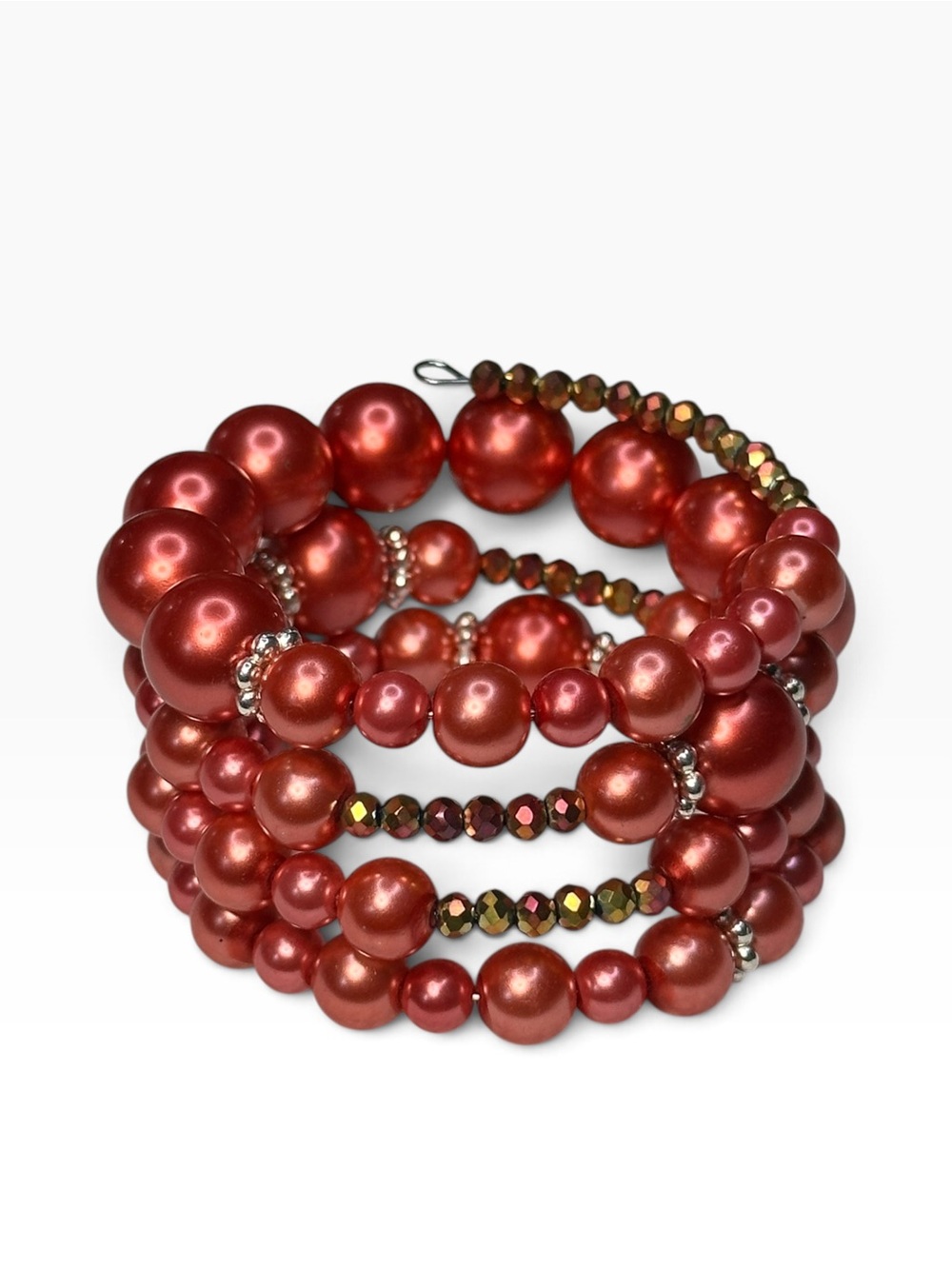 Handcrafted Coral Faux Pearl Memory Wire Statement Bracelet